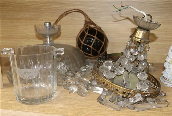 Three cut glass bag chandeliers and two other items
